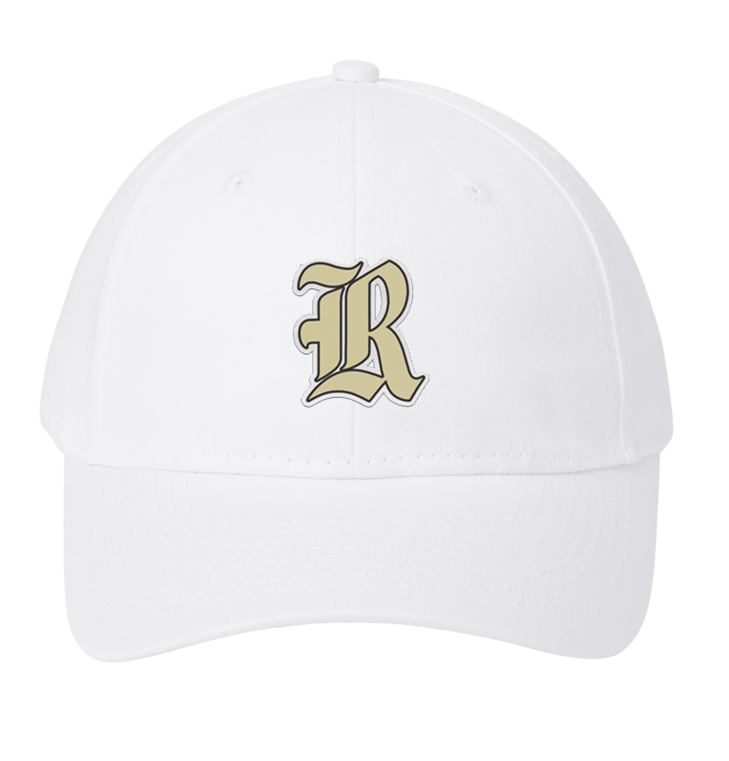 White cap with a gold letter 'R' on a white background