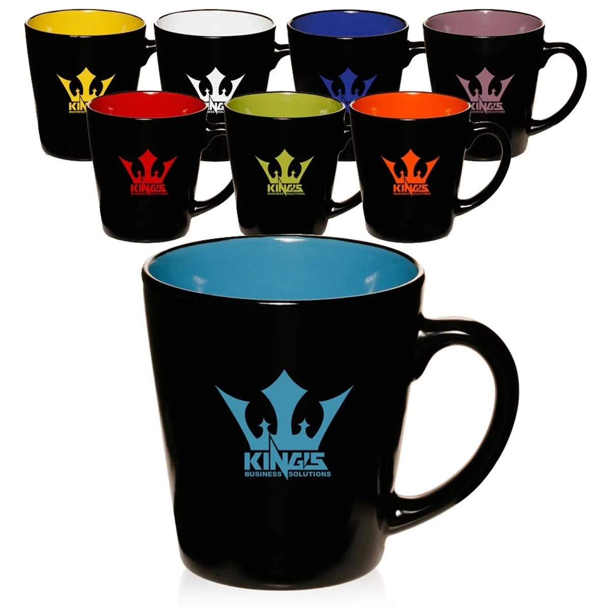 Set of black mugs with colorful logos and 'KINGS' branding on a white background sourced by the Cache River Creative Company in North Little Rock, Arkansas