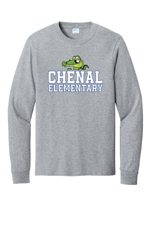 Gray long-sleeve shirt with 'Chenal Elementary' and a cartoon alligator design on a white background