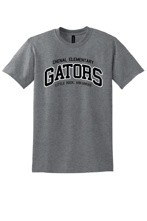 Gray t-shirt with 'Chenal Elementary Gators Little Rock, Arkansas' text on a white background