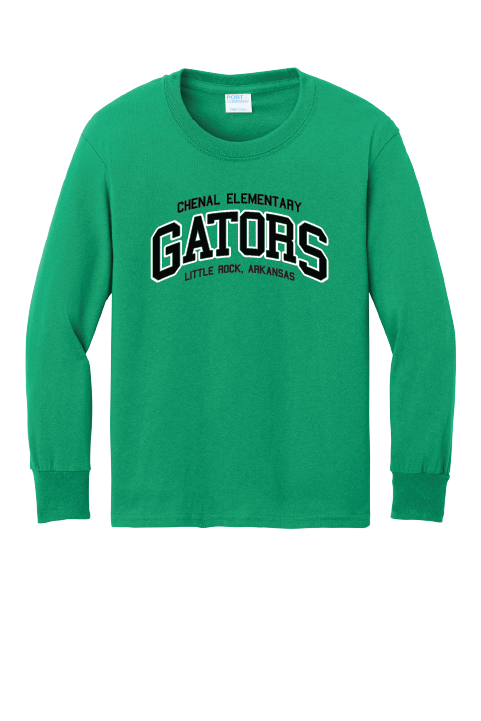 Green long-sleeve shirt with 'Gators' text on a white background