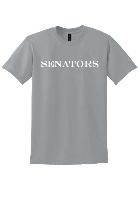 Gray t-shirt with 'SENATORS' printed on it against a white background