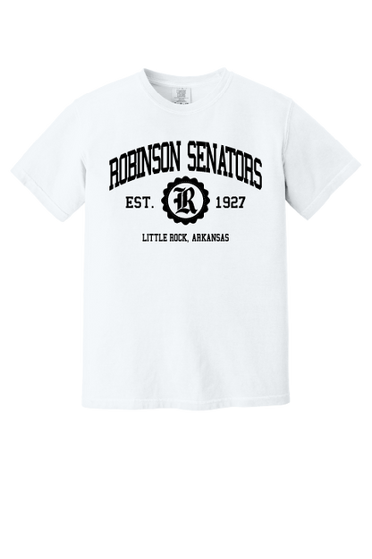White t-shirt with 'Robinson Senators' text and logo on a white background