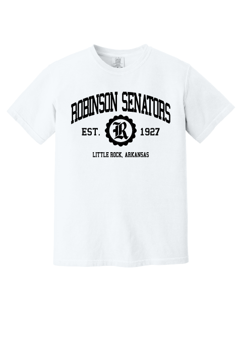 White t-shirt with 'Robinson Senators' text and logo on a white background