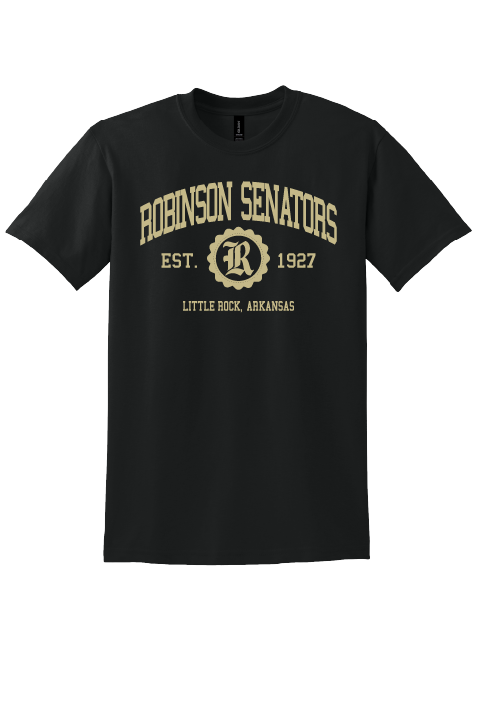 Black t-shirt with 'Robinson Senators' text and logo on a white background