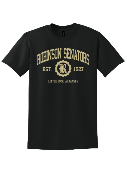Black t-shirt with 'Robinson Senators' text and logo on a white background
