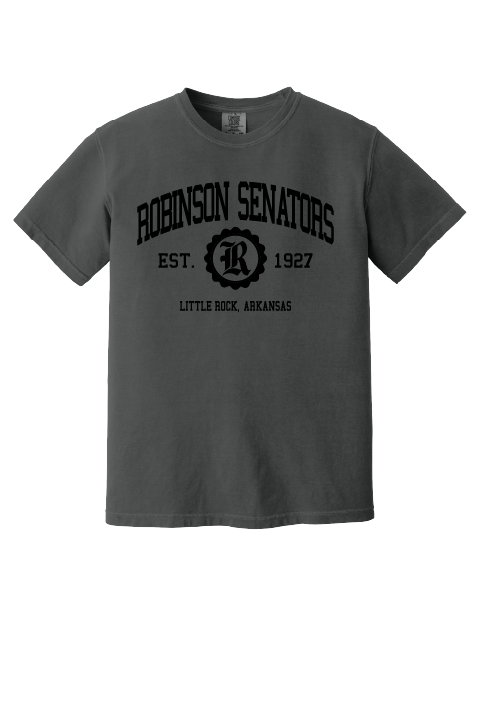 Gray t-shirt with black text and logo on a white background