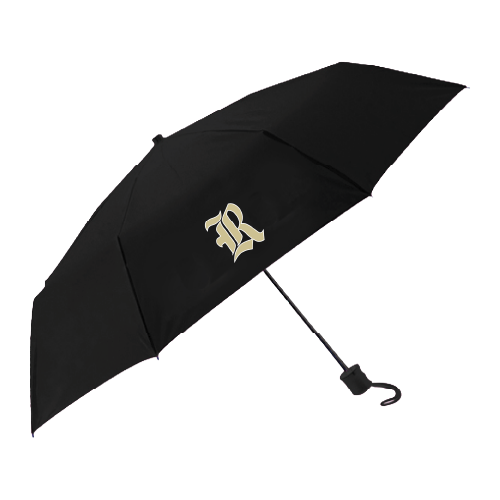 Black umbrella with a gold logo on a white background